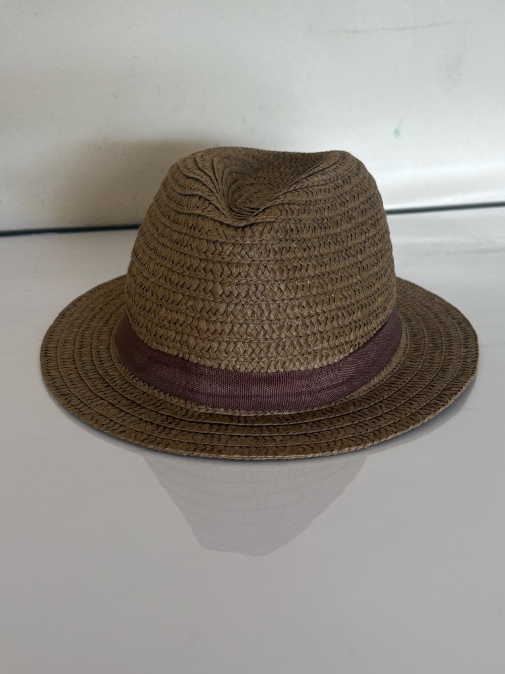 Woven Brown Straw Pork Pie Hat with Dark Band
